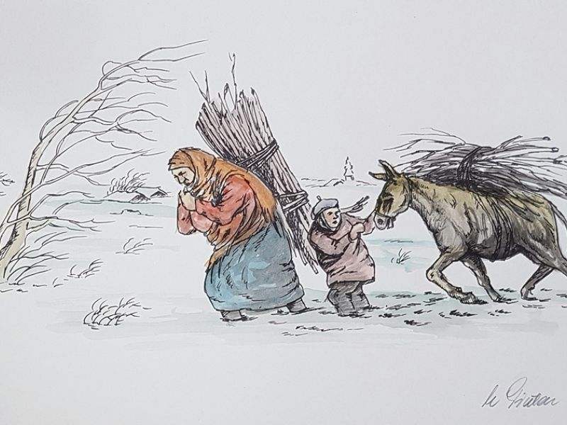 A family and a donkey